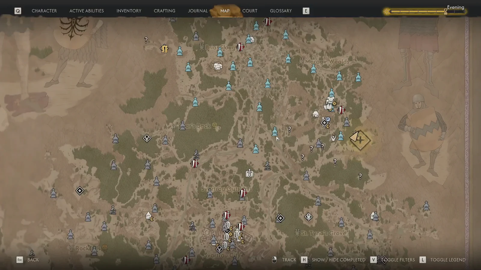 World map open in The Blood of Dawnwalker with the Maroger Wealds shrine and nearby markers visible