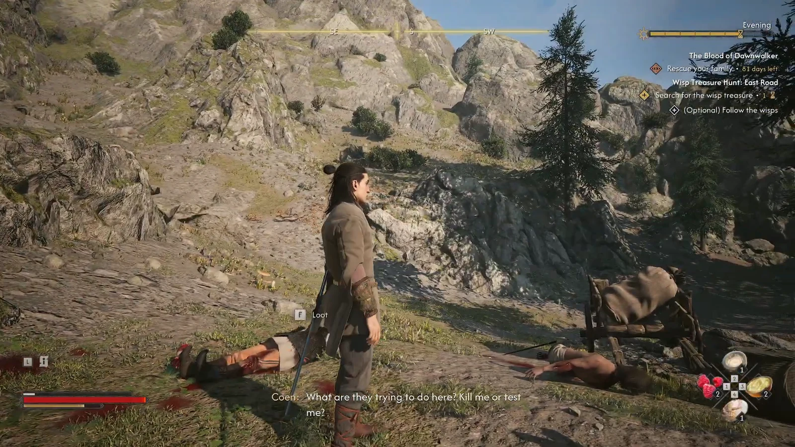 The Loot prompt appears as Coen stands over a defeated bandit