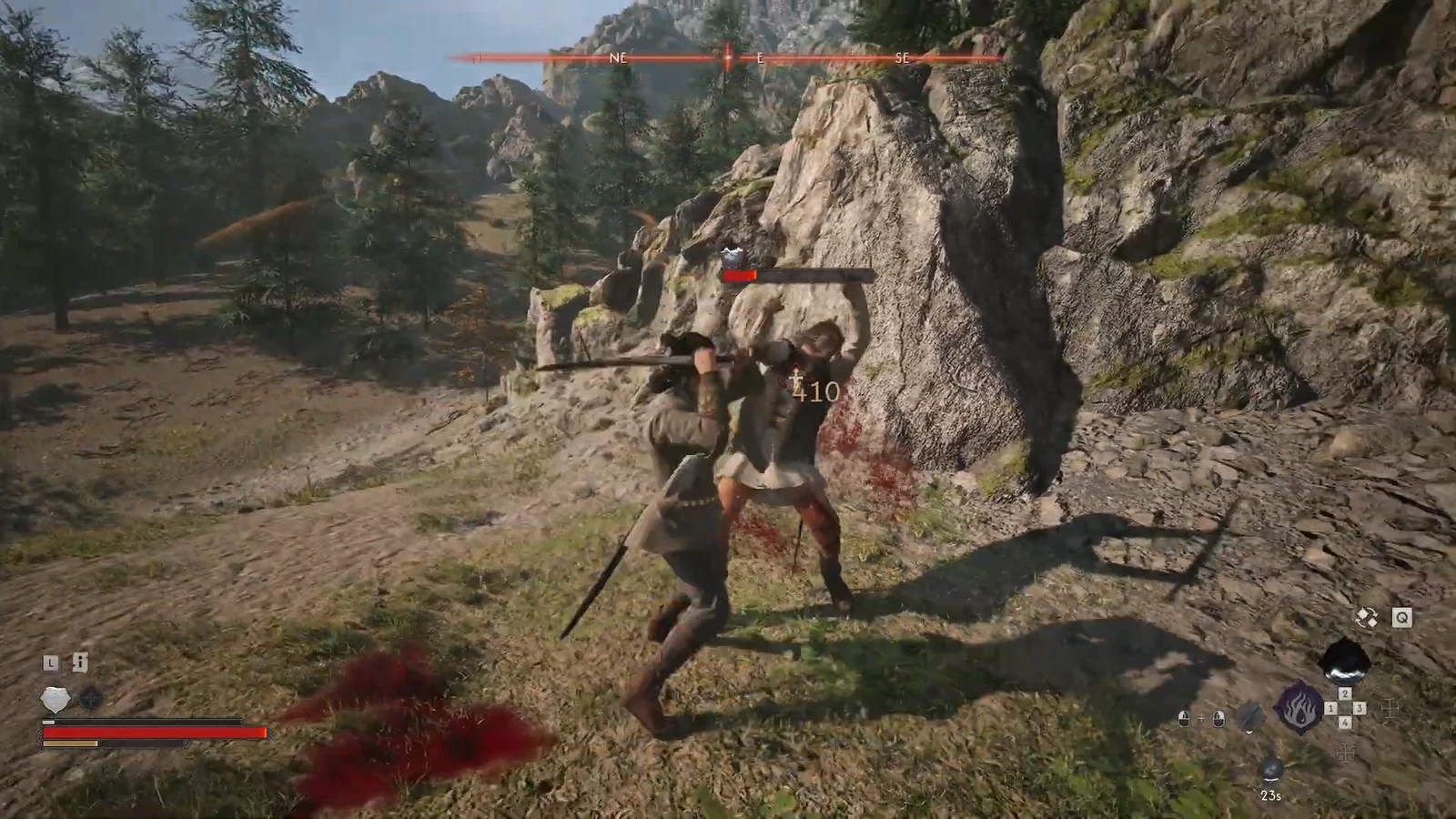 Third-person view of Coen landing a sword hit on a bandit whose health bar is partly drained