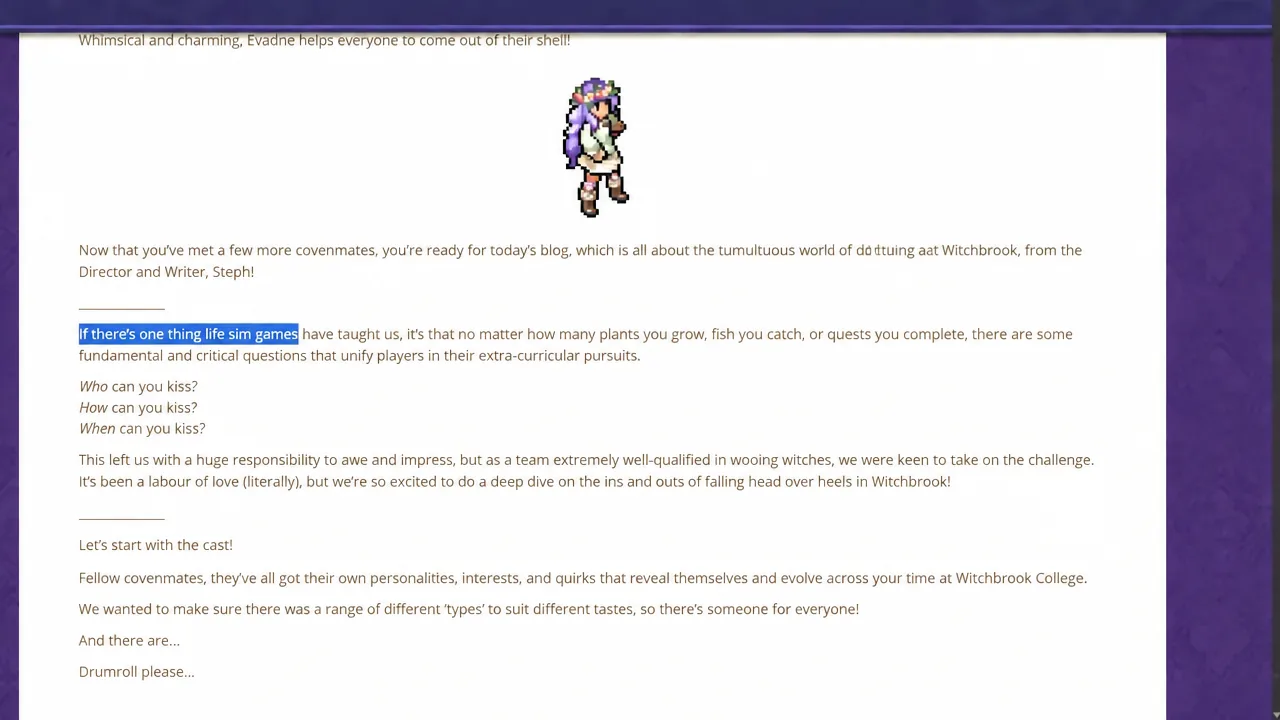 Witchbrook dev blog post open in a browser with a line about life sim games highlighted
