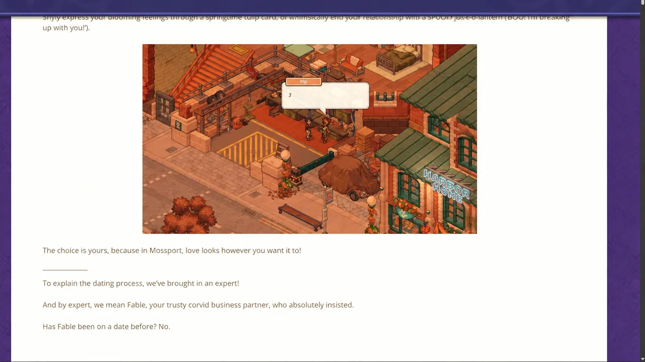 Pip's dialogue box opening during a conversation in a Mossport street scene
