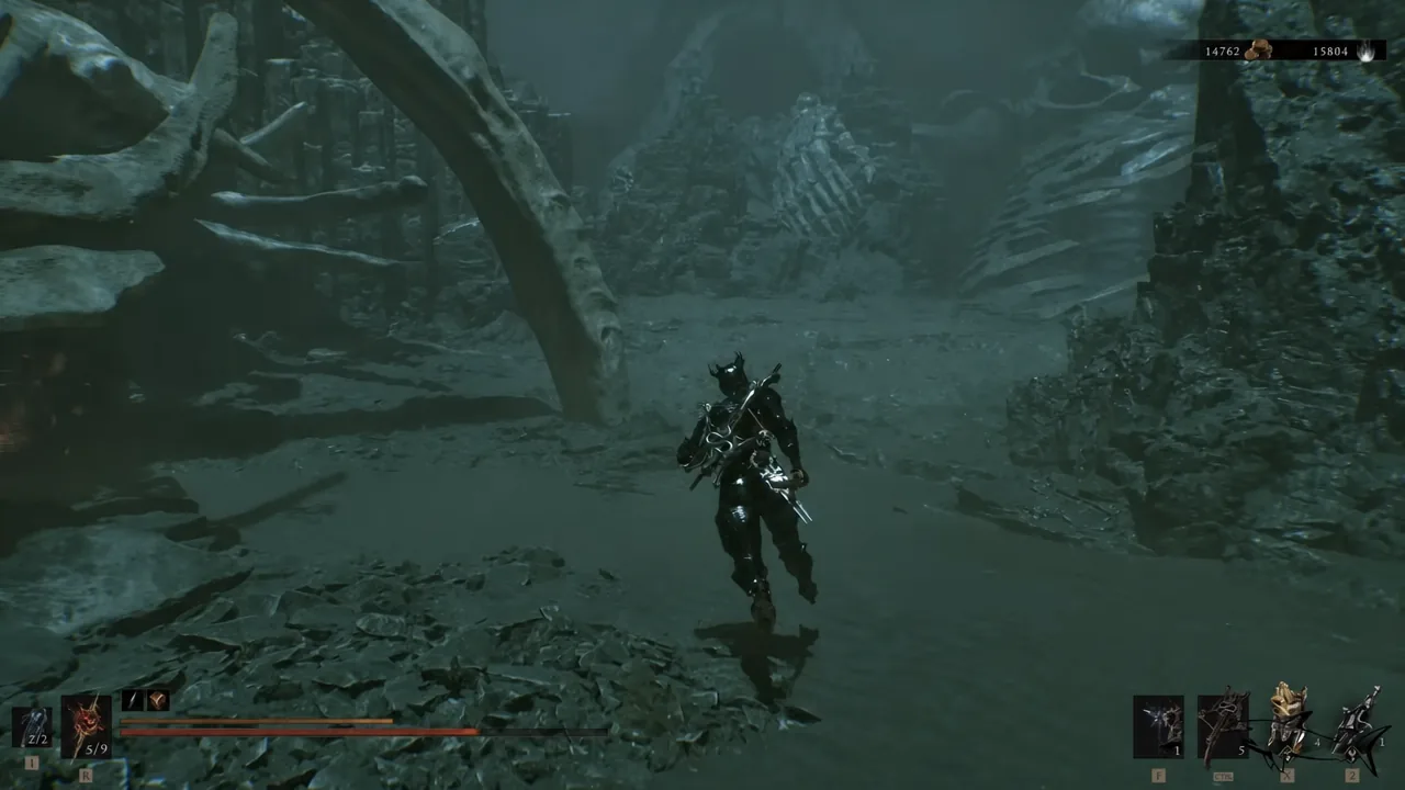 Armored Harbinger running forward through a dark cavern passage in Withered Shoals