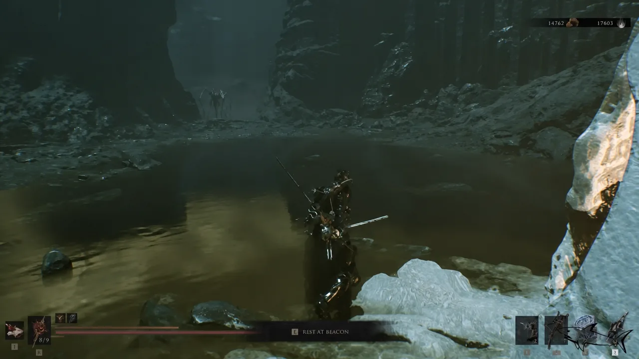 On-screen REST AT BEACON prompt displayed as the player stands next to the Nameless Pass beacon