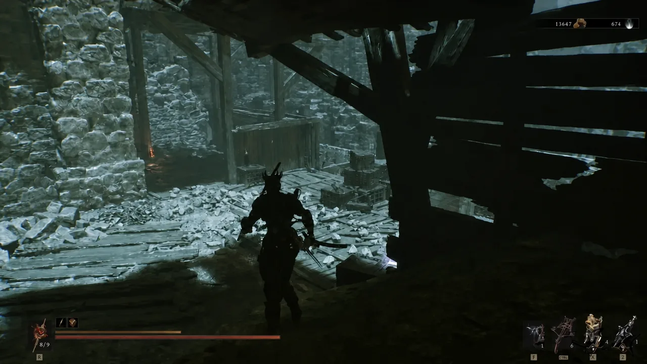Harbinger dropping down wooden scaffolding platforms in a dark tunnel beyond the Gate of Mammon
