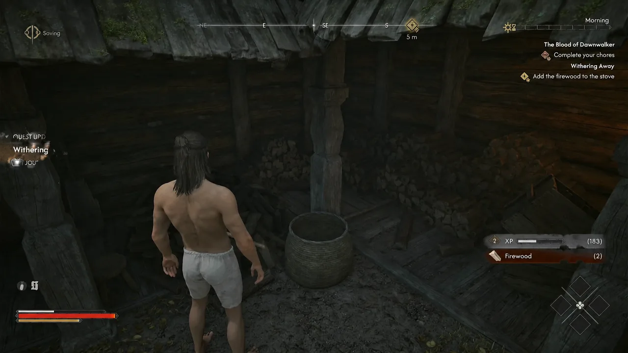 Quest tracker showing Withering Away and the objective to add firewood to the stove