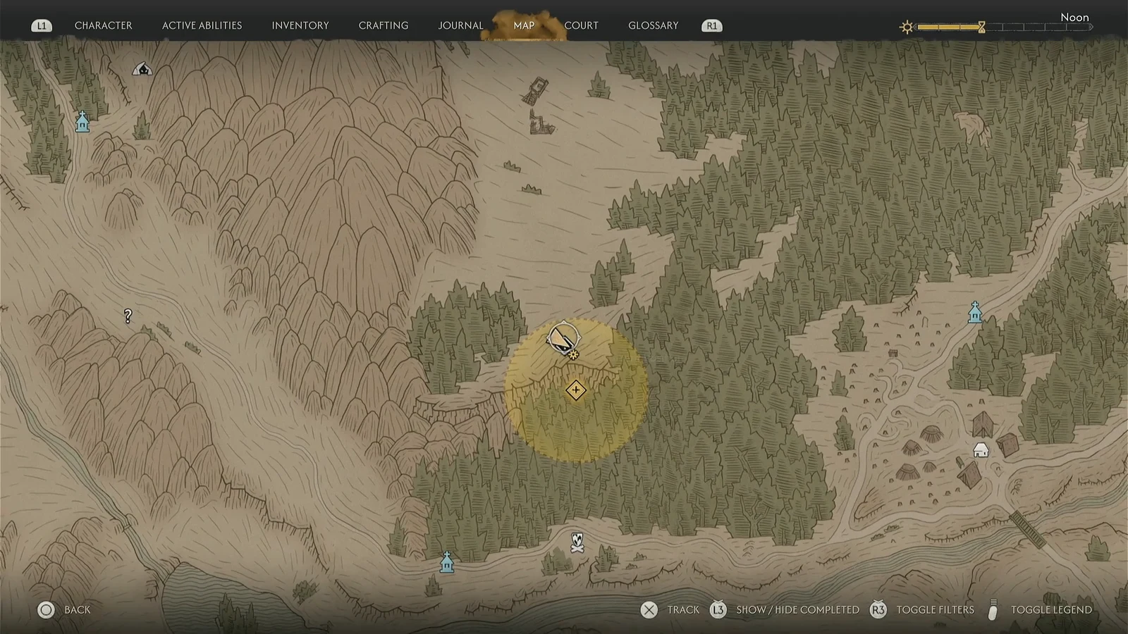 Map screen with the quest area highlighted in yellow around a crossed marker and the Track option shown
