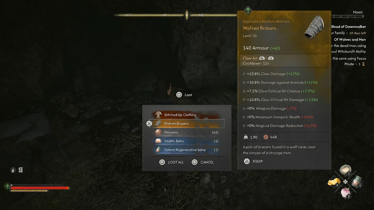 Loot screen showing the Wolven Bracers selected with their item details and the Equip prompt