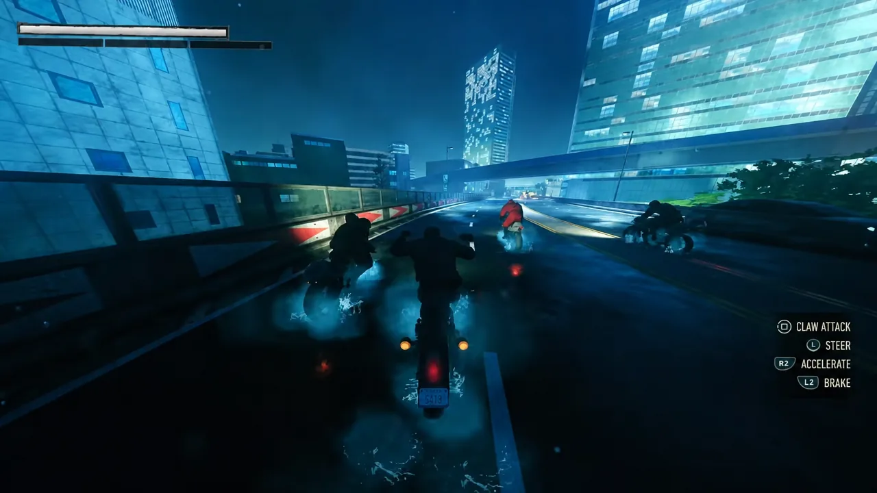 Motorcycle chase with the Claw Attack, Steer, Accelerate and Brake button prompts on screen