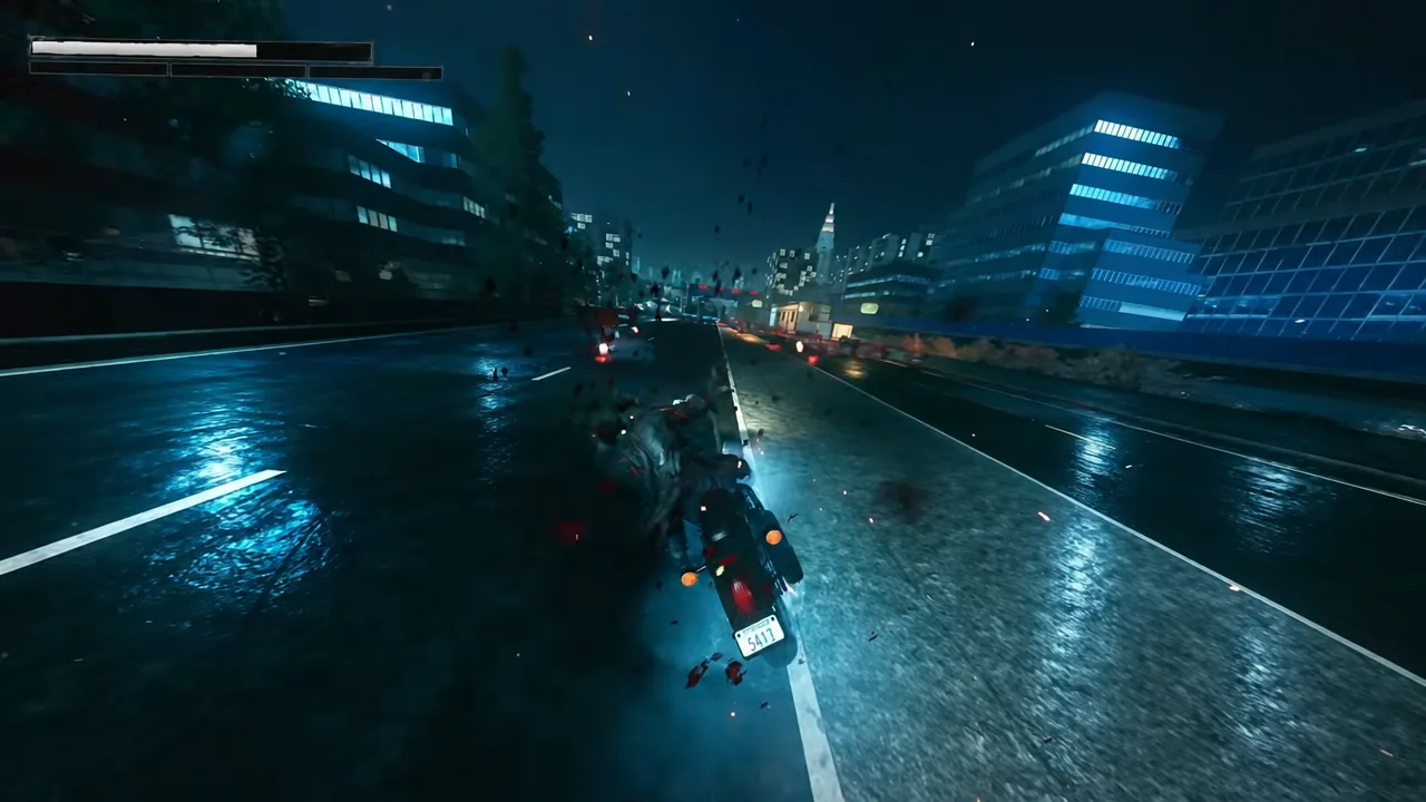 Logan riding the motorcycle along a rain-soaked Tokyo highway at night