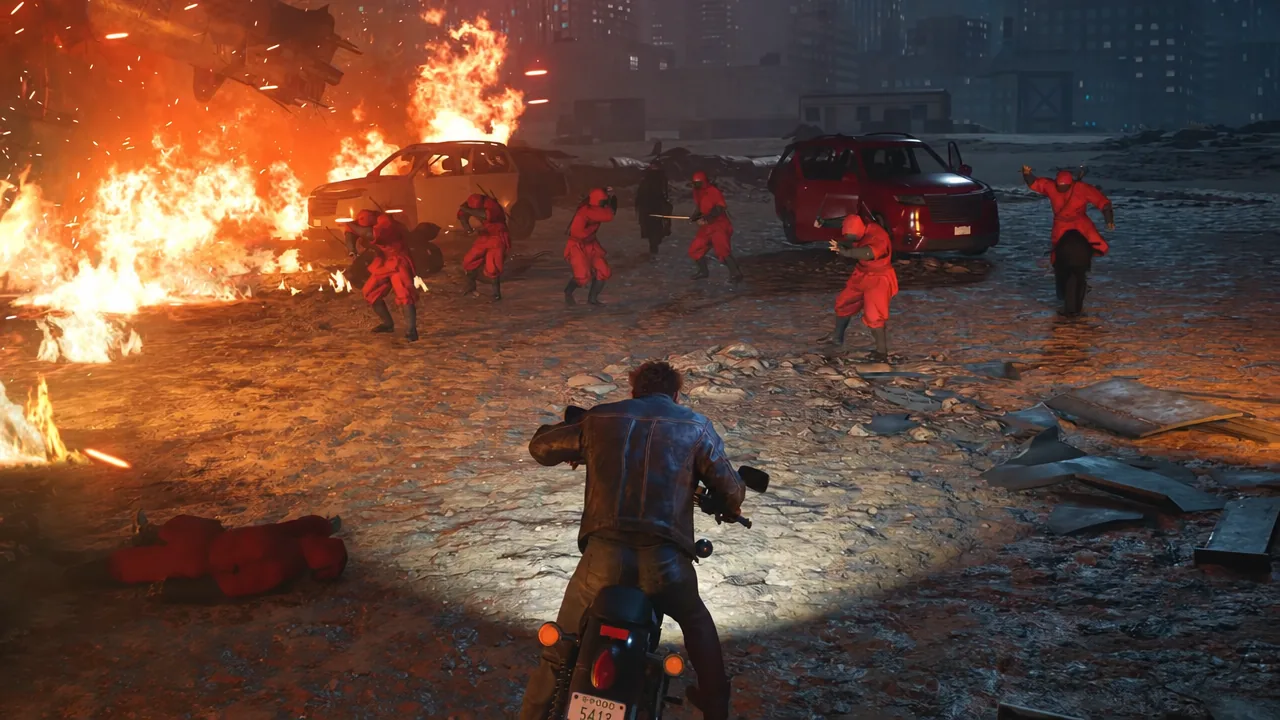 Logan rides the stolen motorcycle past red-clad Hand riders and burning vehicles on the Tokyo highway