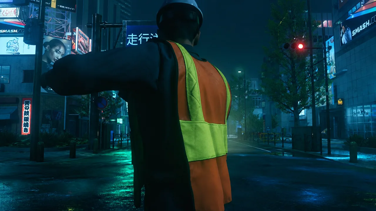 Construction worker in a reflective vest standing on a wet Tokyo street at night after the explosion