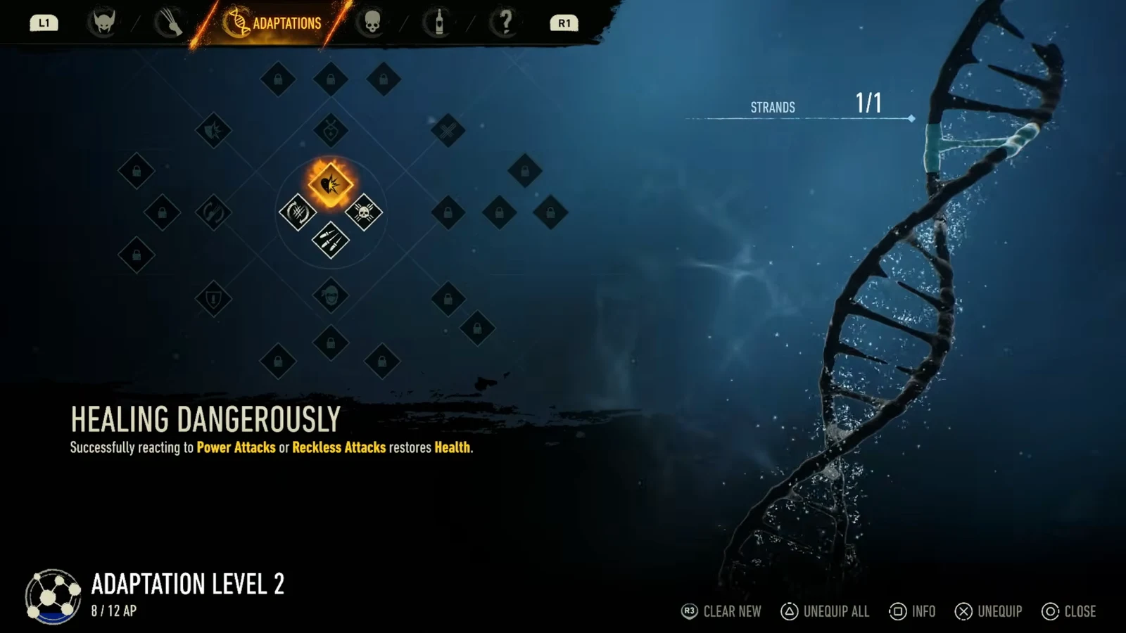 The Adaptations menu open on the Healing Dangerously entry with its description and equip status shown