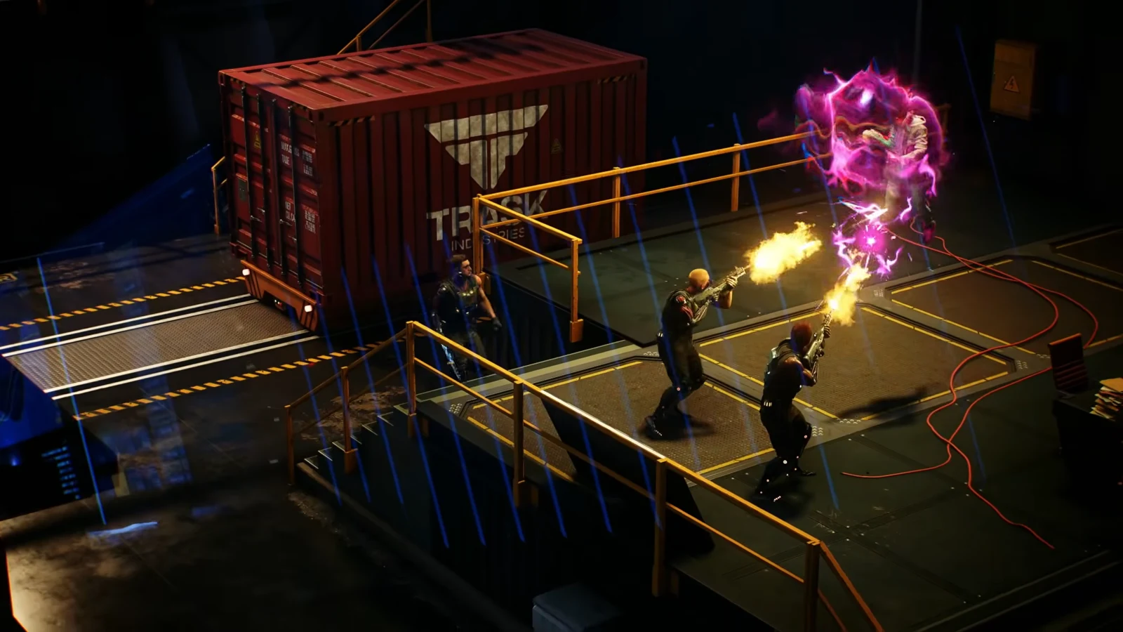 Trask guards firing on a purple energy shield during the arena fight alongside Jean Grey