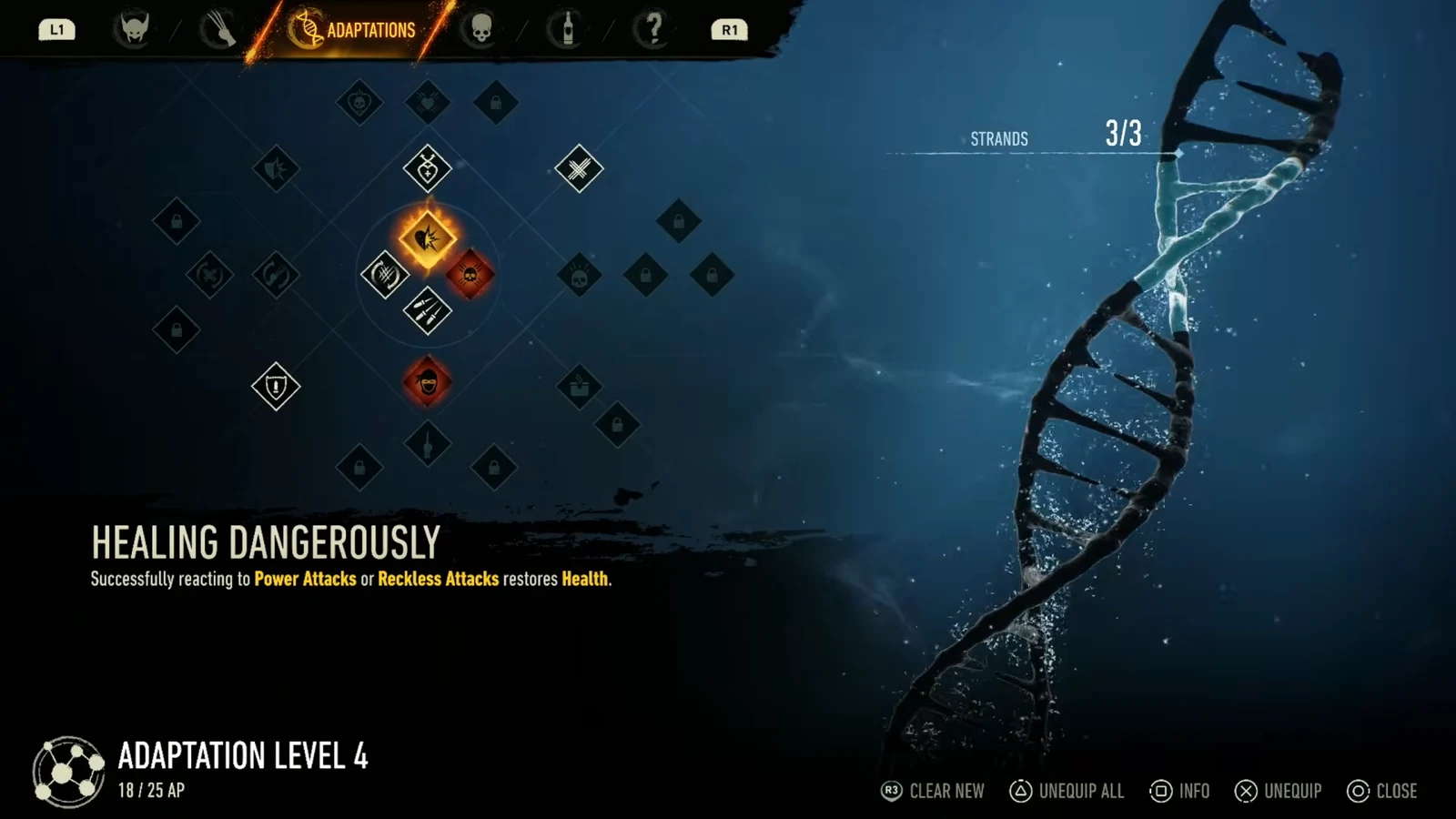 Adaptations menu with Healing Dangerously selected, showing its health restore effect description