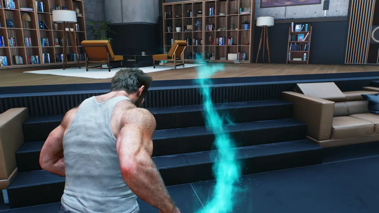 Logan follows a glowing turquoise scent trail up a set of steps through the library lounge