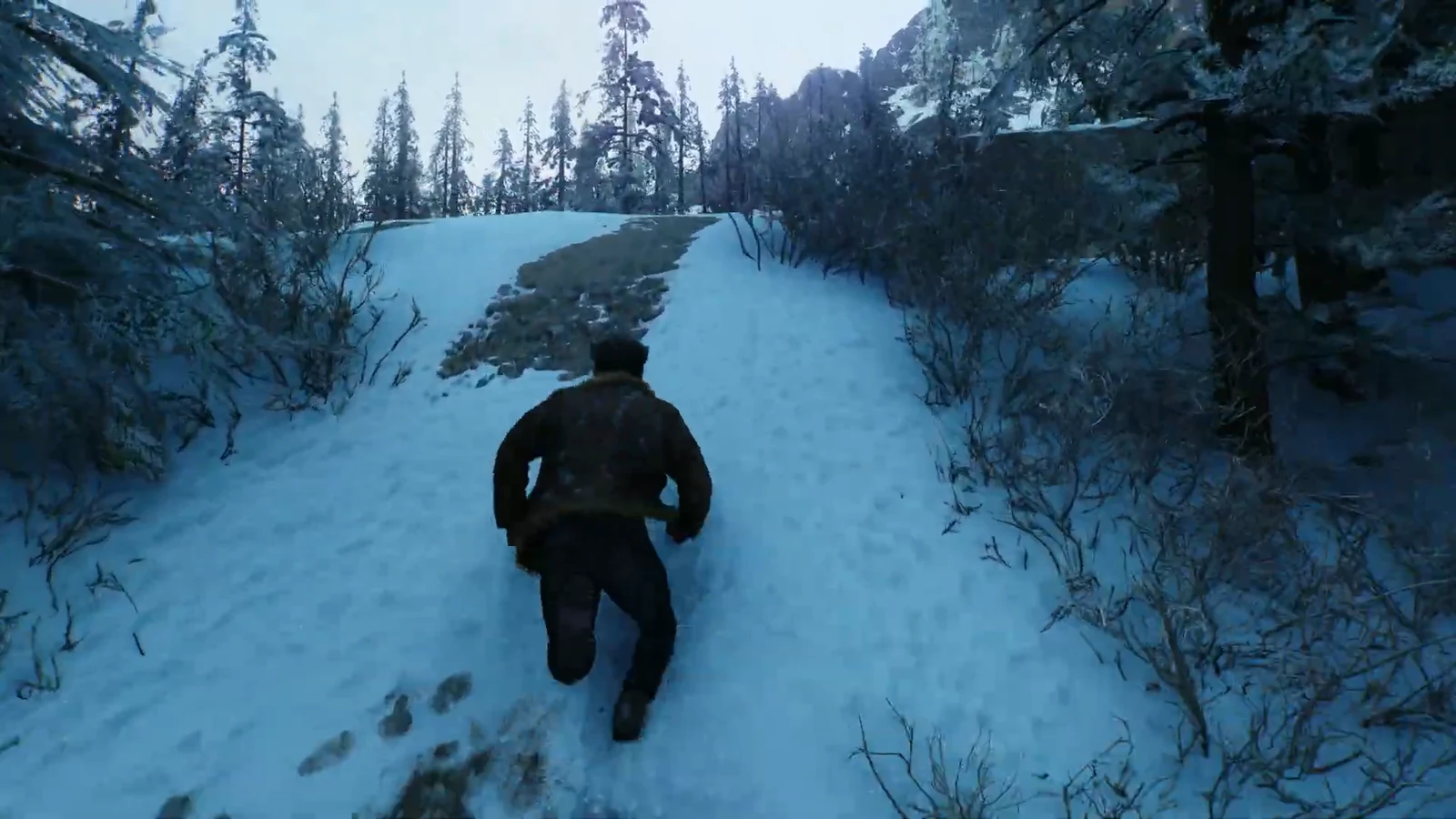 Logan running uphill through snowy forest toward the avalanche-blocked path