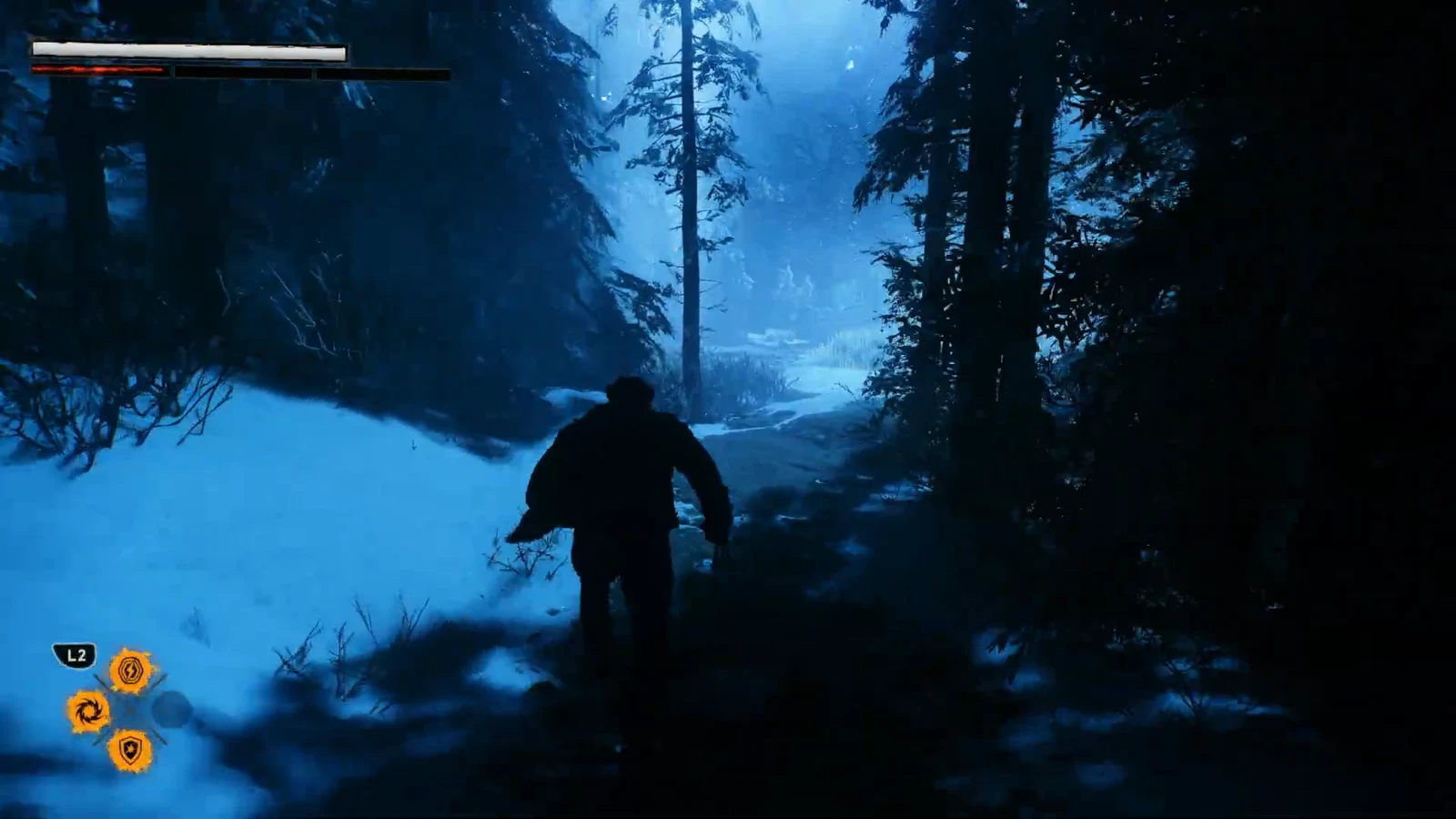 Logan moving through the snowy field with the L2 ability wheel open in the HUD