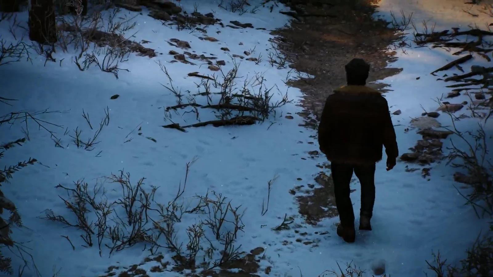 Logan walking down a snowy forest trail at the start of Something Much Stronger