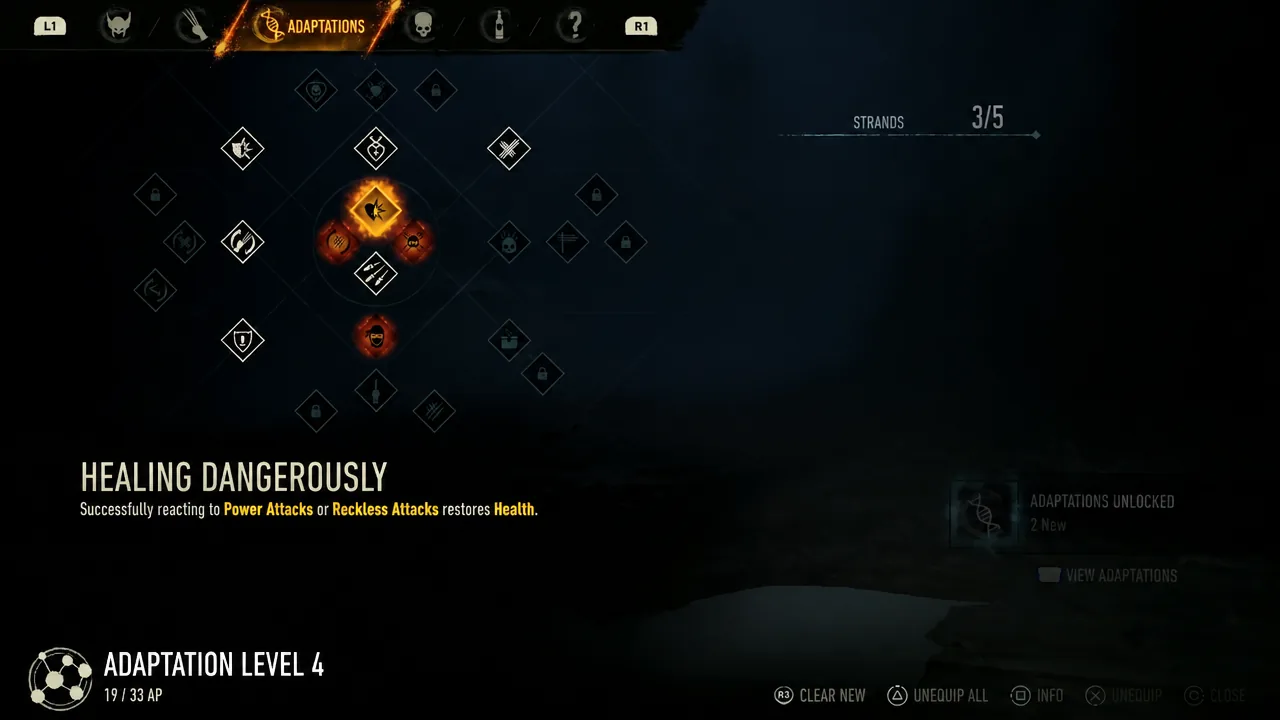 The Adaptations menu open with an adaptation highlighted and its description shown