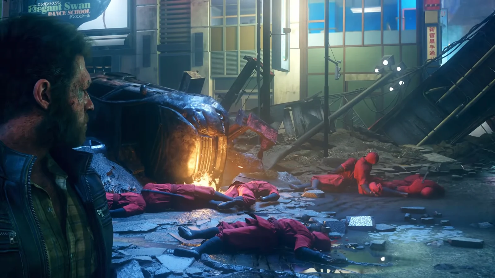 Logan standing among downed Hand ninjas beside the crashed helicopter with Jean Grey