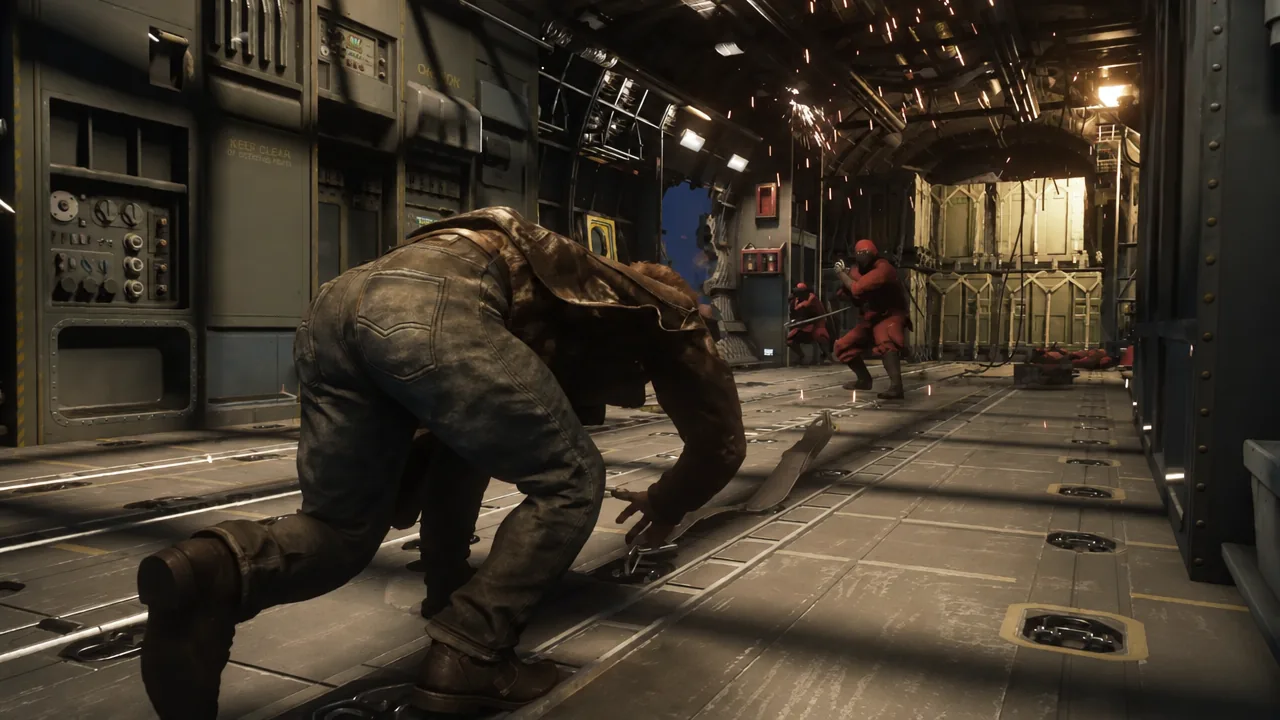 Logan hauls himself back into the wrecked cargo hold as armed Hand ninjas close in