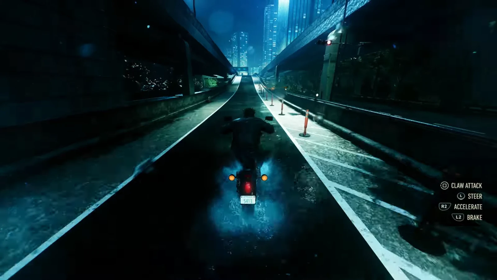 Logan rides a stolen motorcycle down a rain-slick elevated highway with claw attack and steering prompts on screen