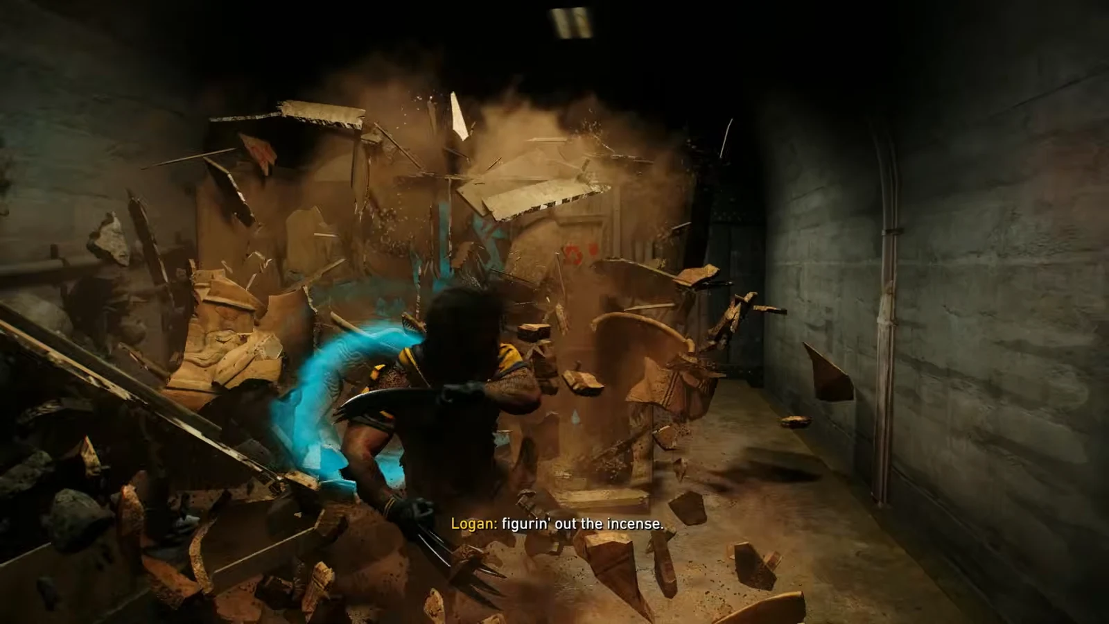 Logan beside a glowing blue marker as debris collapses around him in the incense tunnels