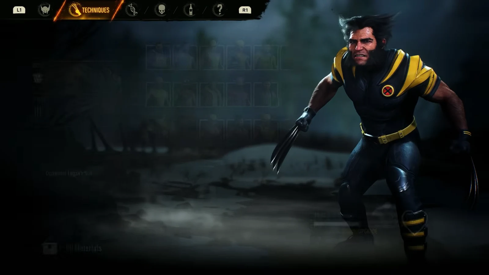 Wolverine's Techniques menu open, showing unlockable ability cards on the Techniques tab