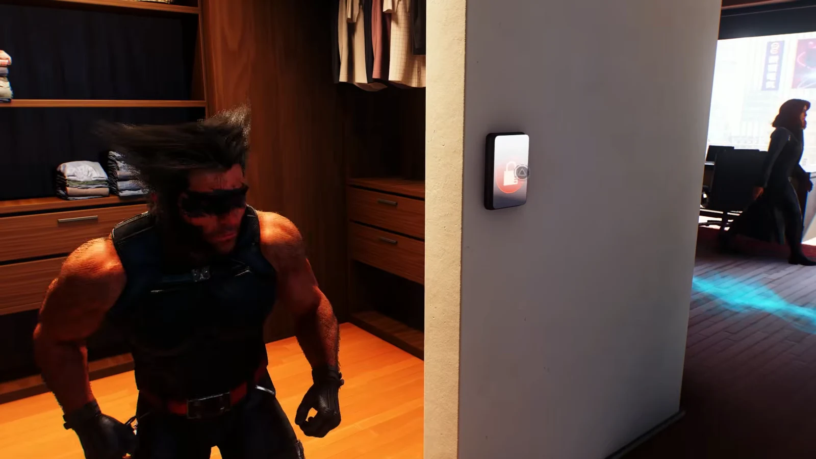 Interaction prompt on the wall-mounted keypad beside Shiro's closet door