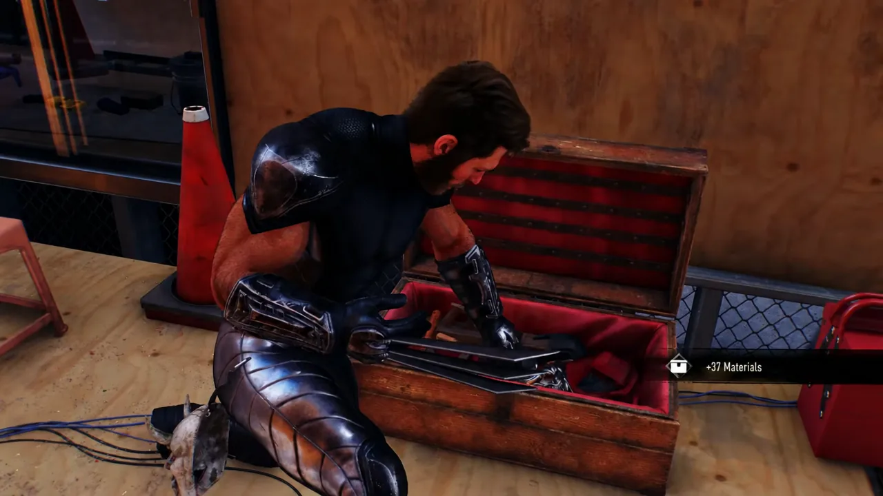 Logan searching an open material crate during the climb to Shiro's building
