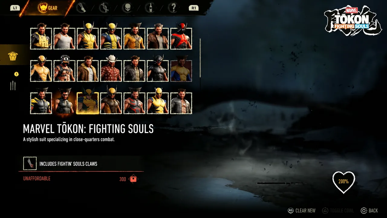 Gear menu showing Wolverine suits including Accursed and Marvel Tokon Fighting Souls