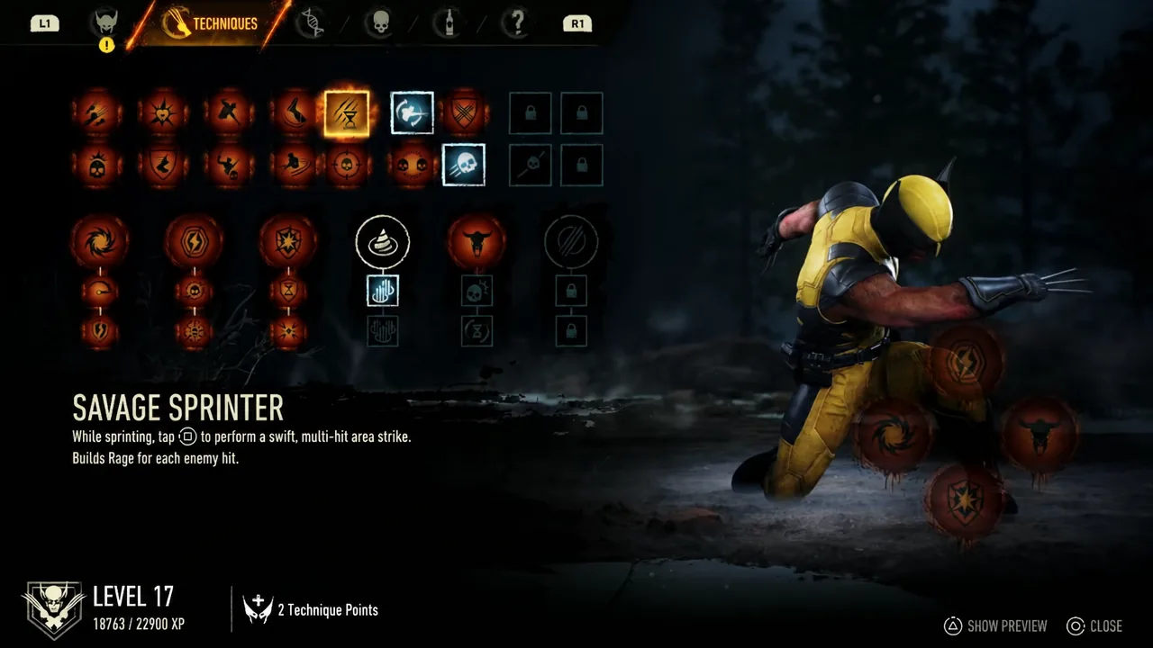 Techniques menu with Savage Sprinter selected, showing its sprinting area attack