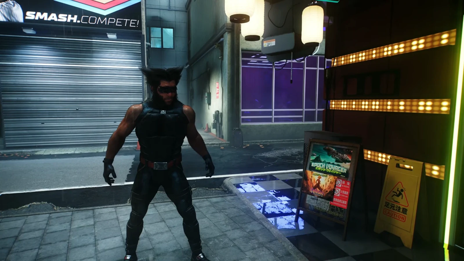 Logan standing outside the lit arcade entrance in Shinjuku next to a caution sign
