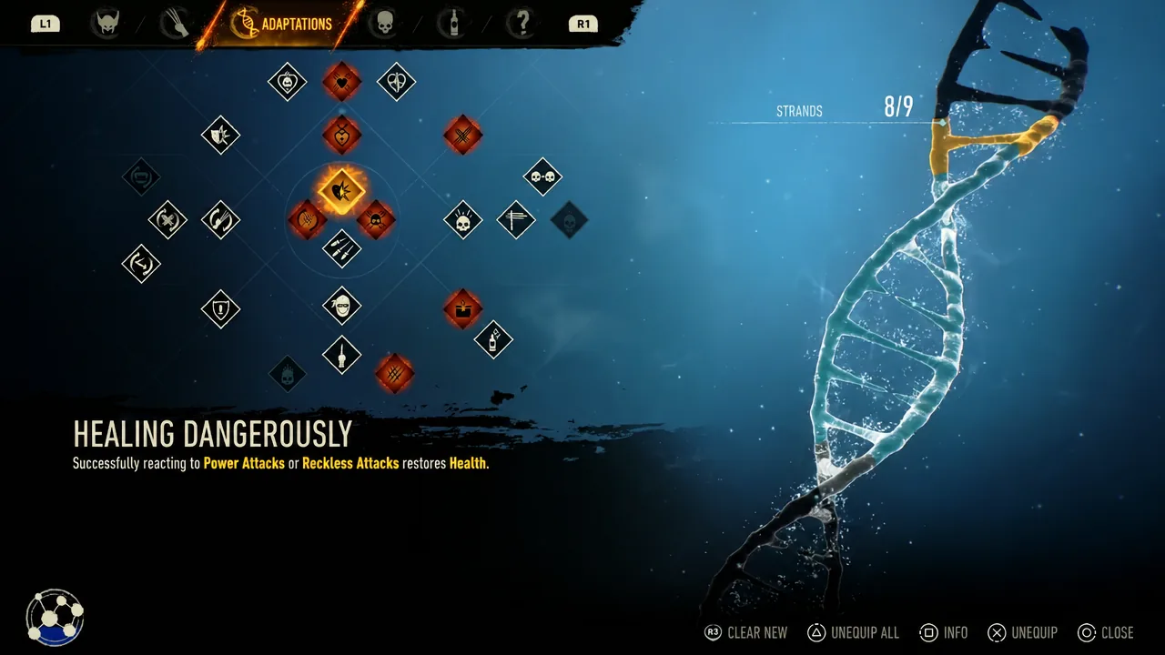 Adaptations DNA strand screen with the Healing Dangerously node highlighted
