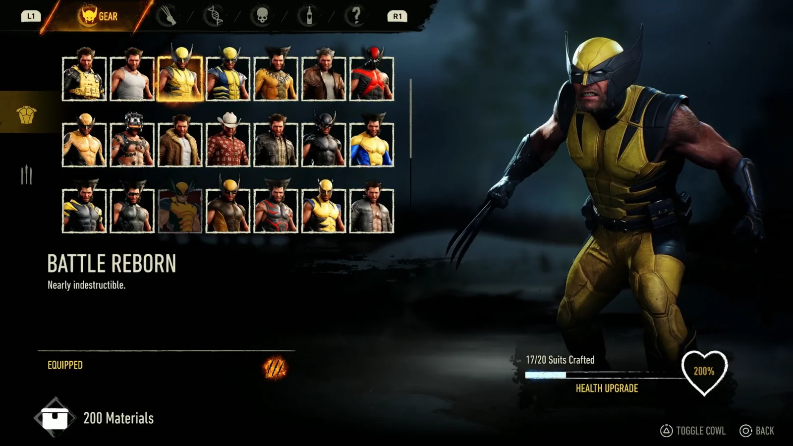Gear menu showing the Battle Reborn suit equipped with its health bonus and material cost