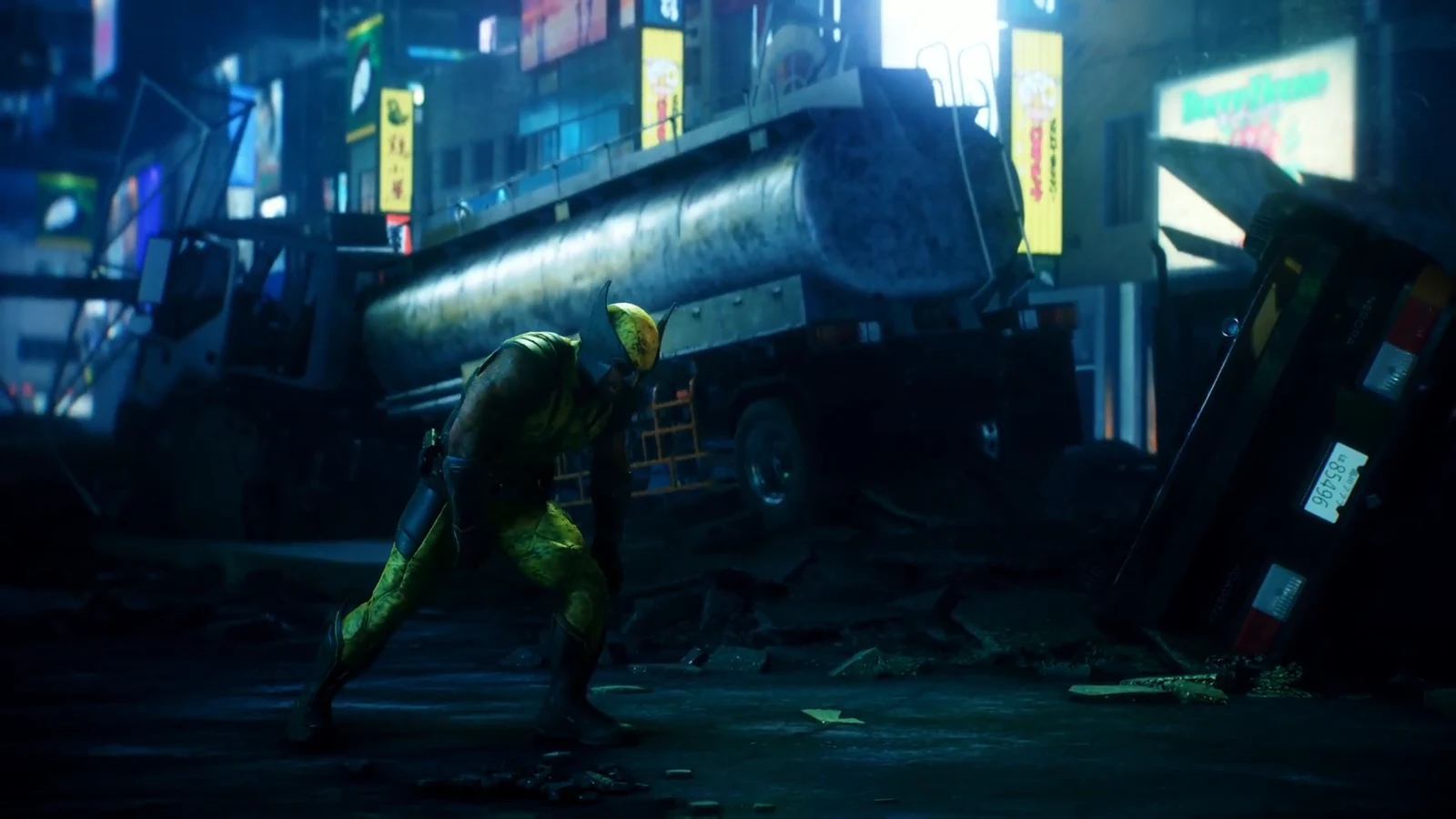 Lady Deathstrike faces Logan in a wrecked Tokyo street with her energy blades drawn