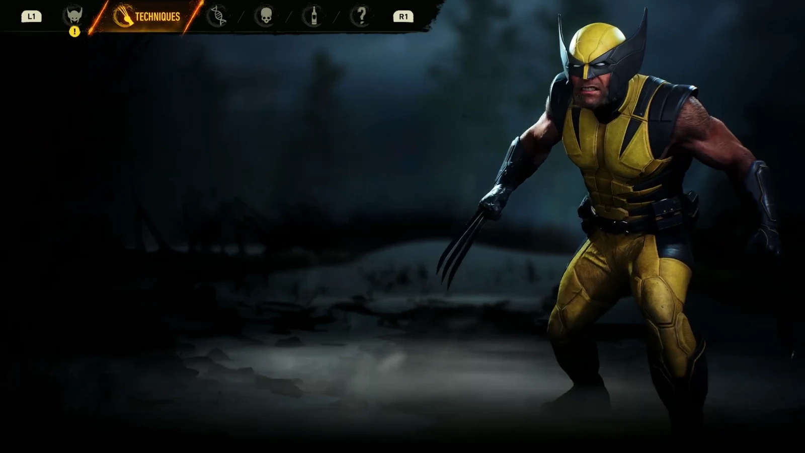 The Techniques menu open on Wolverine, showing the combat techniques available to unlock