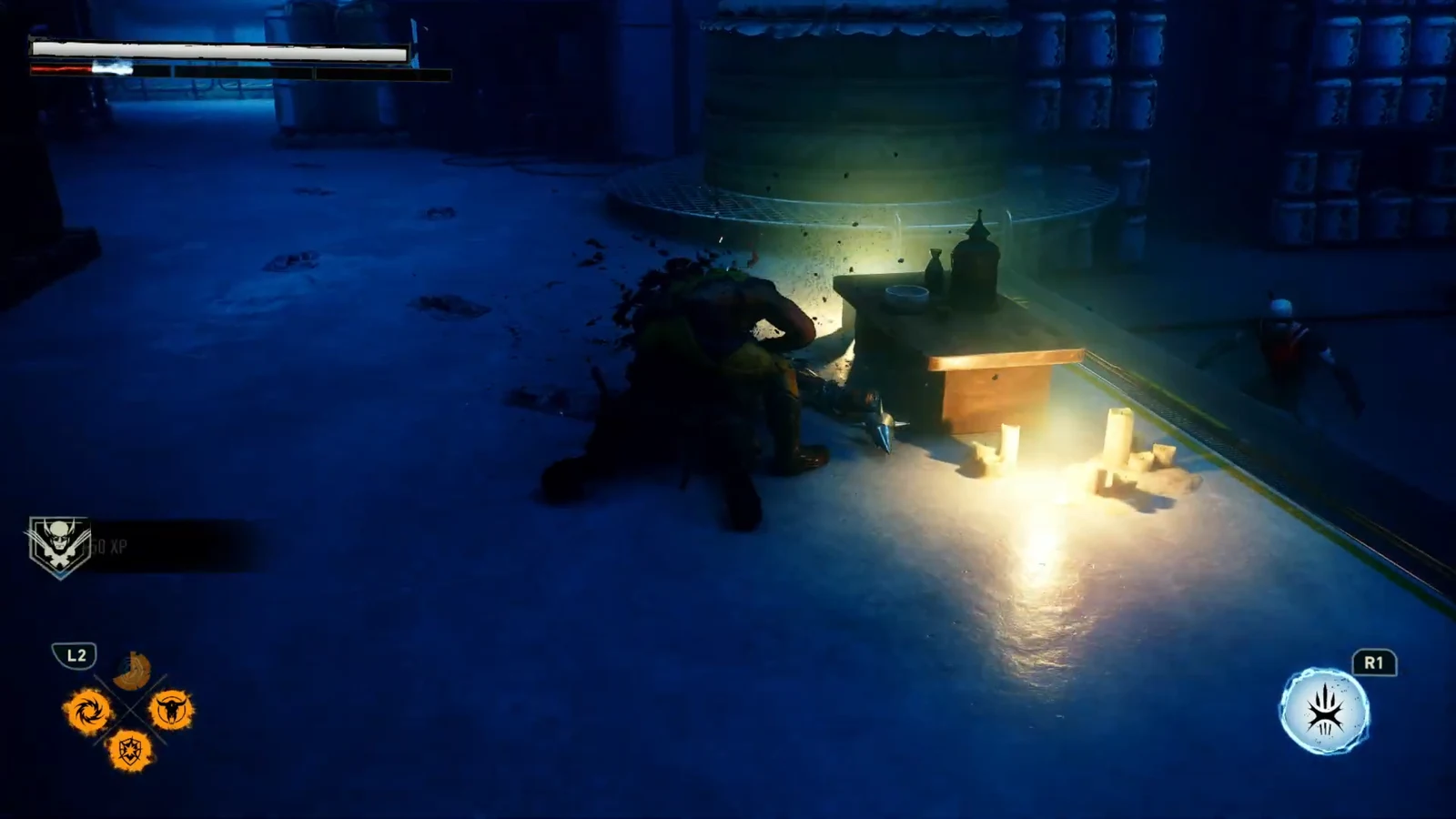 Wolverine crouches next to a candlelit table to take down a Hand guard inside the warehouse