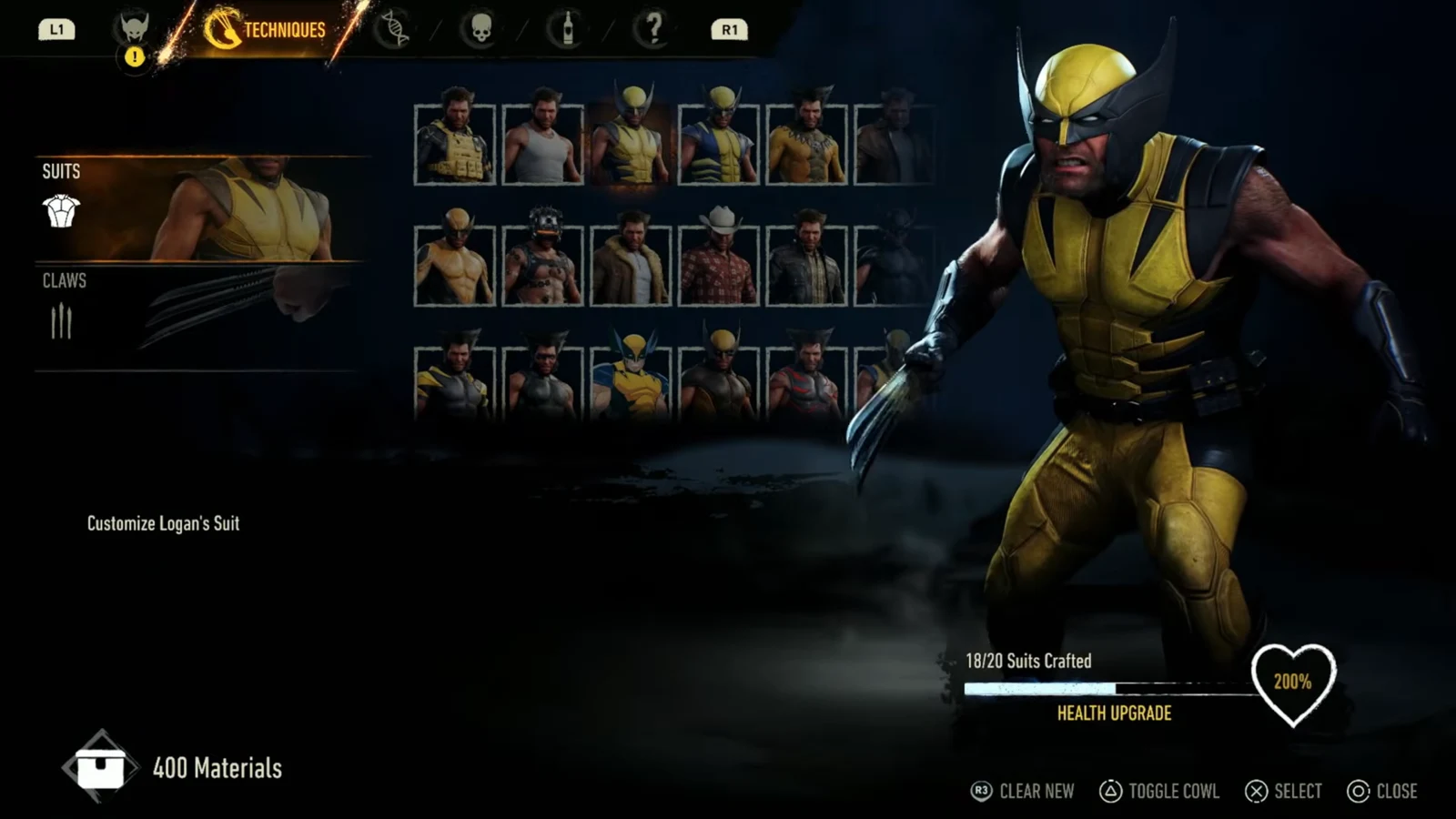 Gear menu showing Wolverine suit options and an 18 of 20 suits crafted counter