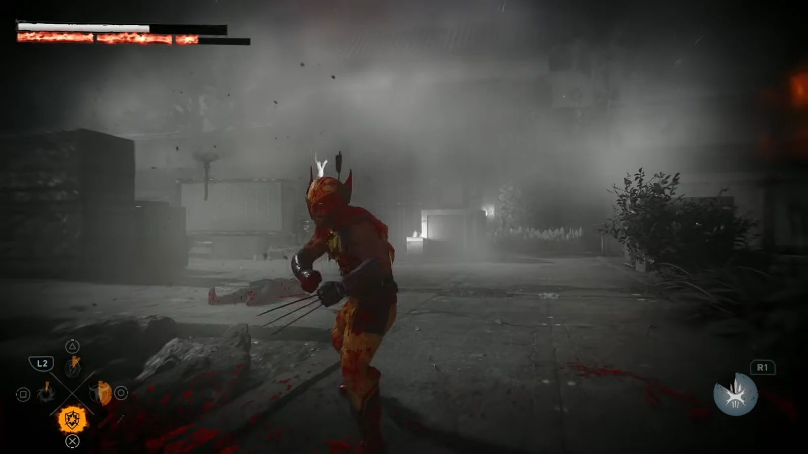 Wolverine tearing into Hand ninjas in a fog-filled courtyard with the rage ability icon lit