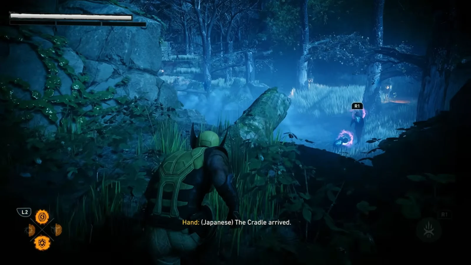 R1 takedown prompt over a highlighted Hand ninja seen from the undergrowth in the forest