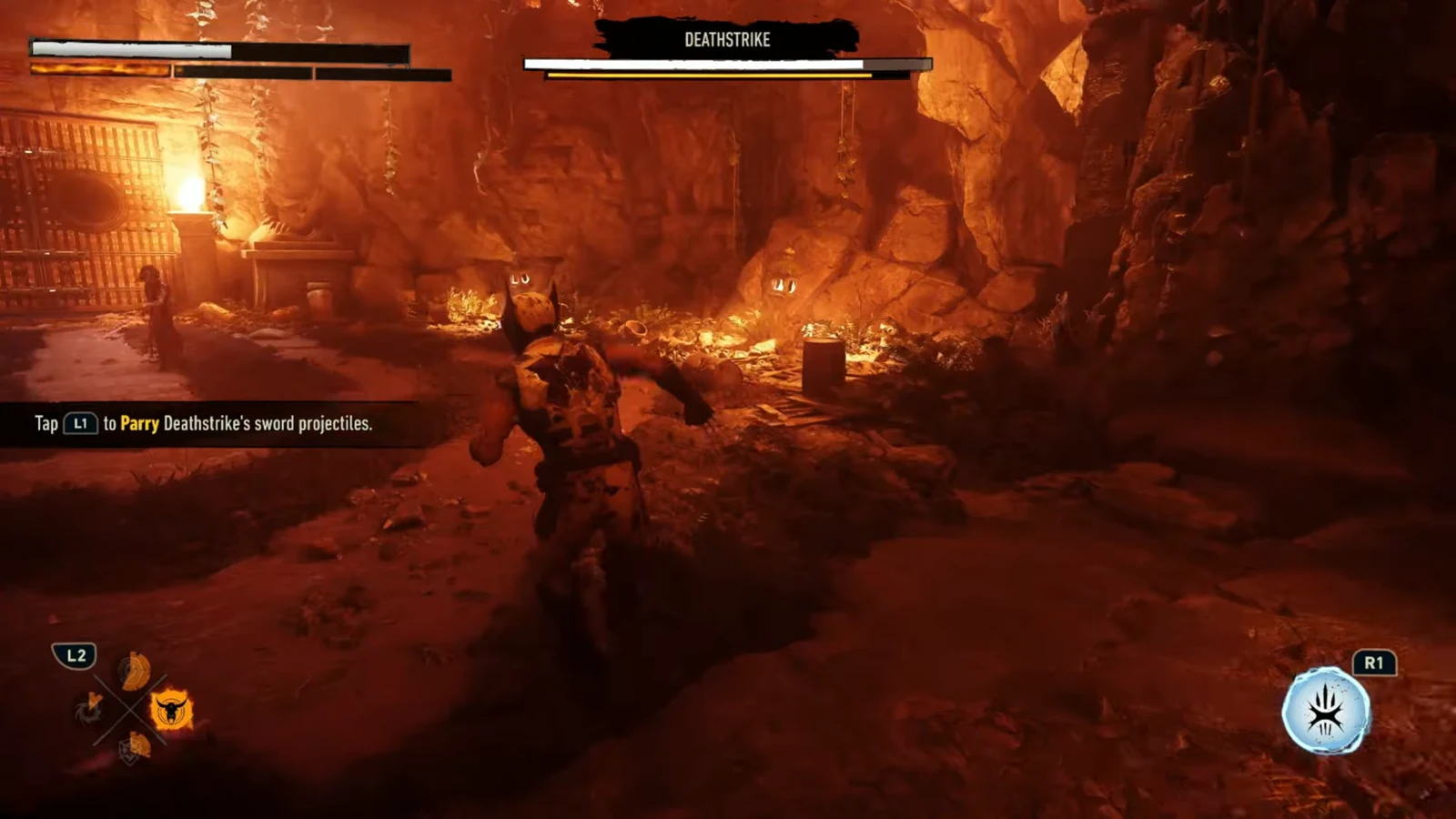On-screen prompt telling the player to tap L1 to parry Deathstrike's sword projectiles