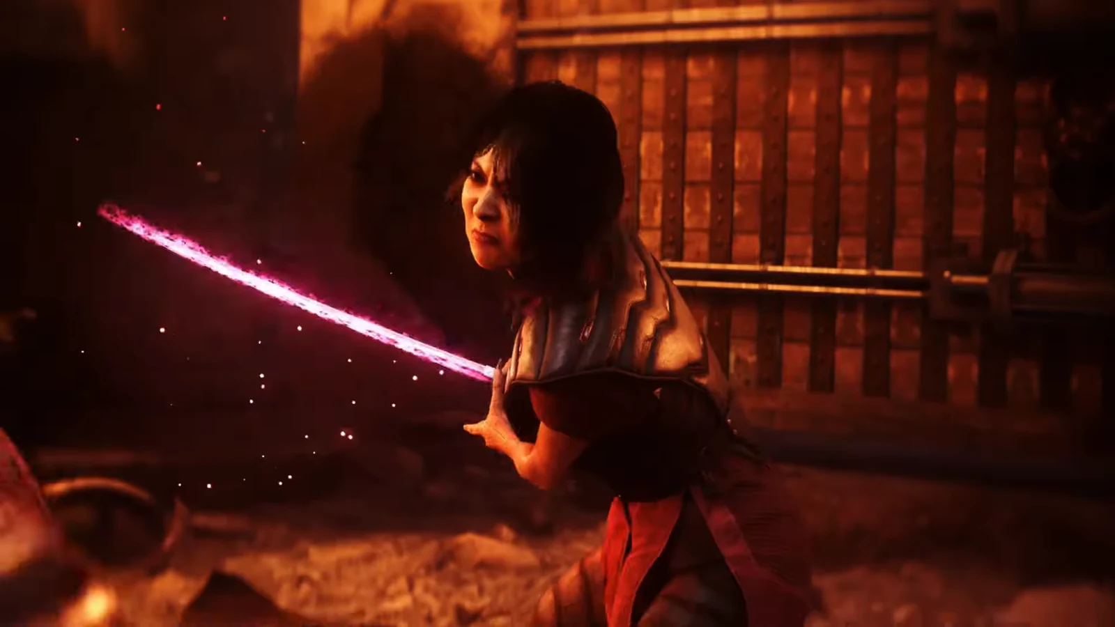 Wolverine and Deathstrike locking blades in the shrine before Logan is pinned to a pillar