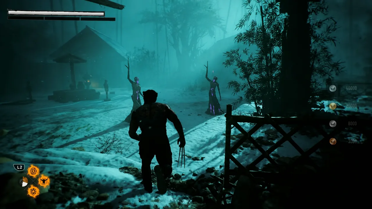 Logan closes on two Hand ninjas with the L2 combat prompt and ability icons on screen