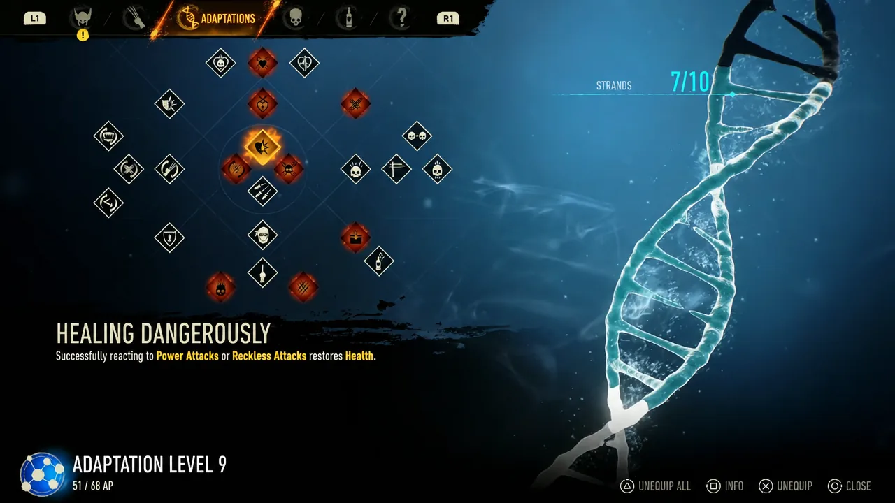 The Adaptations tree with Healing Dangerously selected and its description shown