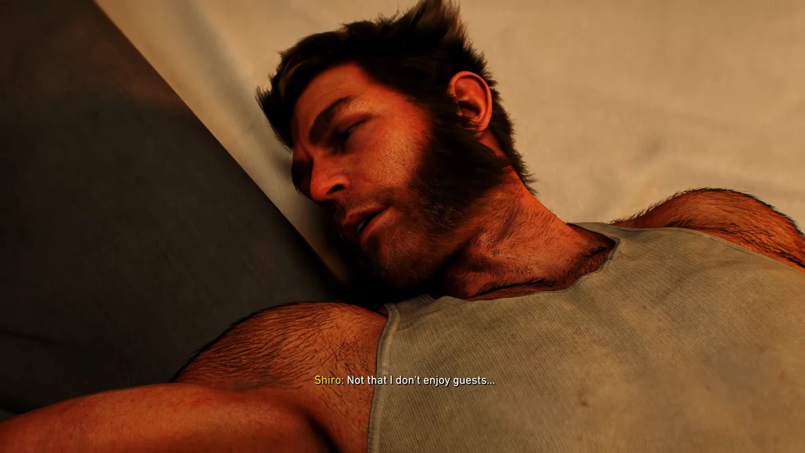 Shiro leans against a wall talking to Logan during the opening scene of Sinister Tidings