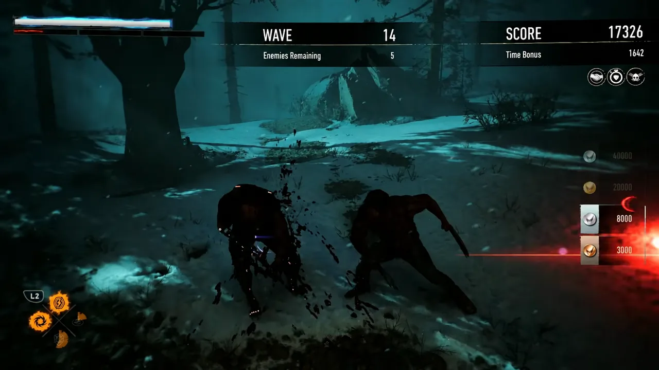 Wave 14 of the Cold Pines Gauntlet with five enemies remaining and the L2 prompt highlighted