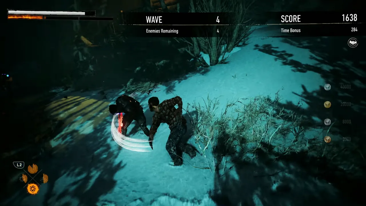 Wave 4 of the Last Stand at Cold Pines Gauntlet, with Logan attacking a soldier and the L2 ability prompt on screen