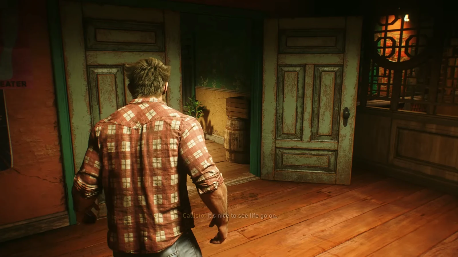 Logan steps through open weathered wooden doors into a back room of the Princess Bar
