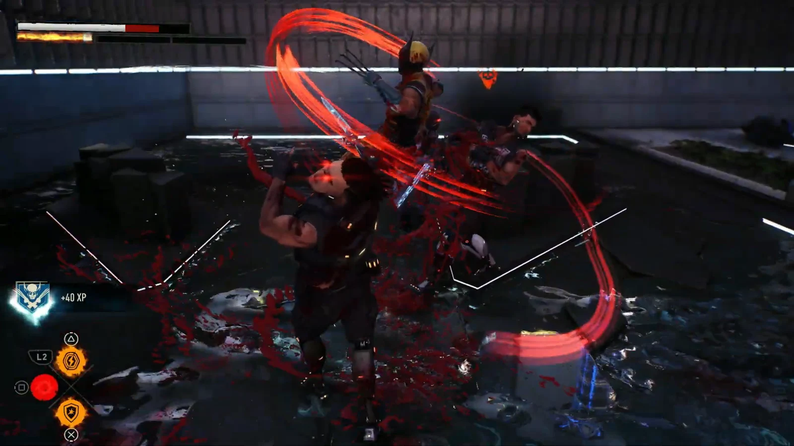 Wolverine sweeping through a group of enemies with a red claw attack for 40 XP